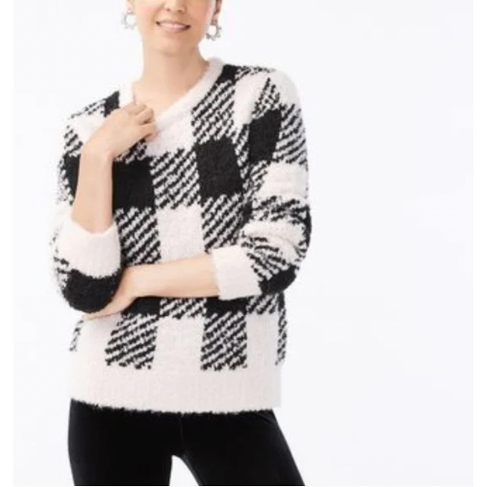J Crew Womens Sweater Wool/Alpaca Blend Size S Black White Fuzzy Knit Crew Neck